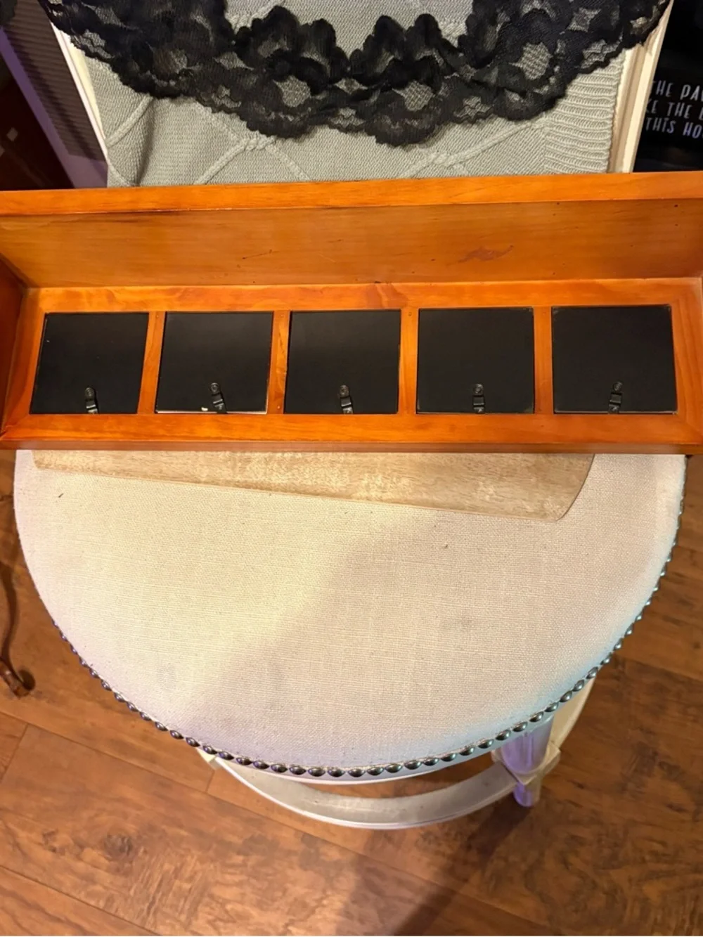 22’ Wall Hanging Wooden Shelf W/5 2.5x2.5’ Picture Framed Border W/glass Inserts
